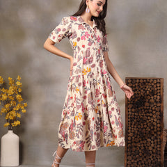 Stylum Women's Beige Tropical Printed Rayon Tiered Dress (DRSBEIGESOMIL)