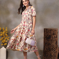 Stylum Women's Beige Tropical Printed Rayon Tiered Dress (DRSBEIGESOMIL)