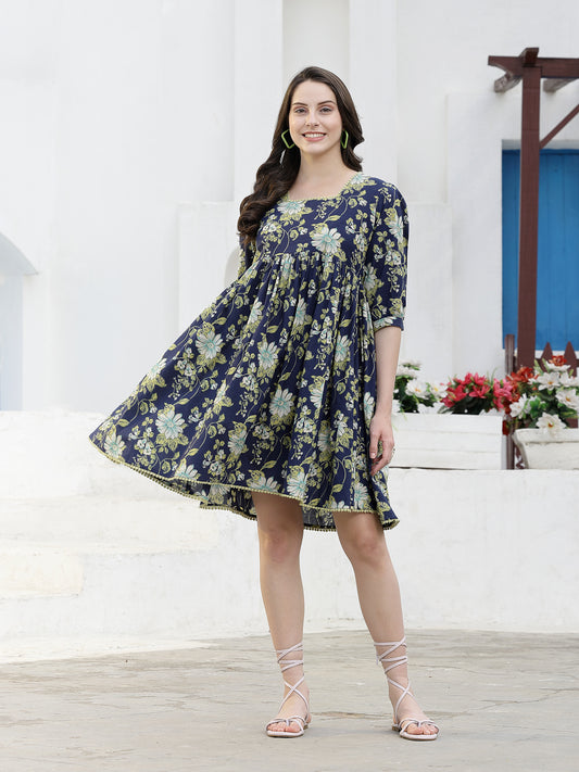 Stylum Women's Floral Printed Cotton A-Line Dress (DRSBESERBLUE)