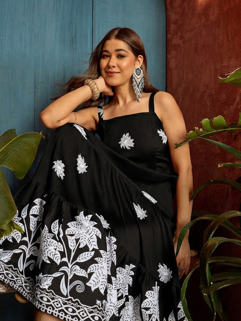Stylum Women's Black Tropical Digital Printed Crepe Tiered Dress (DRSBLACKBAJAJ)