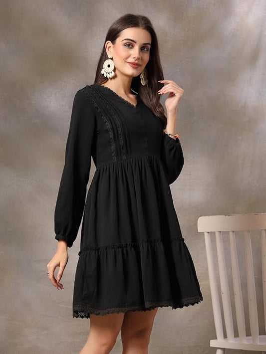 Stylum Women's Black Solid Crepe Flared Dress (DRSBLACKBARBIE)