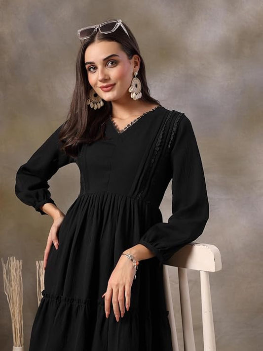 Stylum Women's Black Solid Crepe Flared Dress (DRSBLACKBARBIE)
