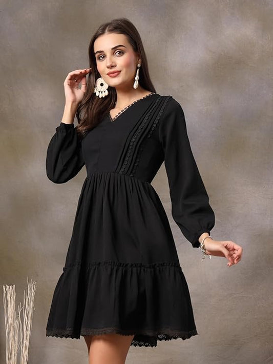 Stylum Women's Black Solid Crepe Flared Dress (DRSBLACKBARBIE)