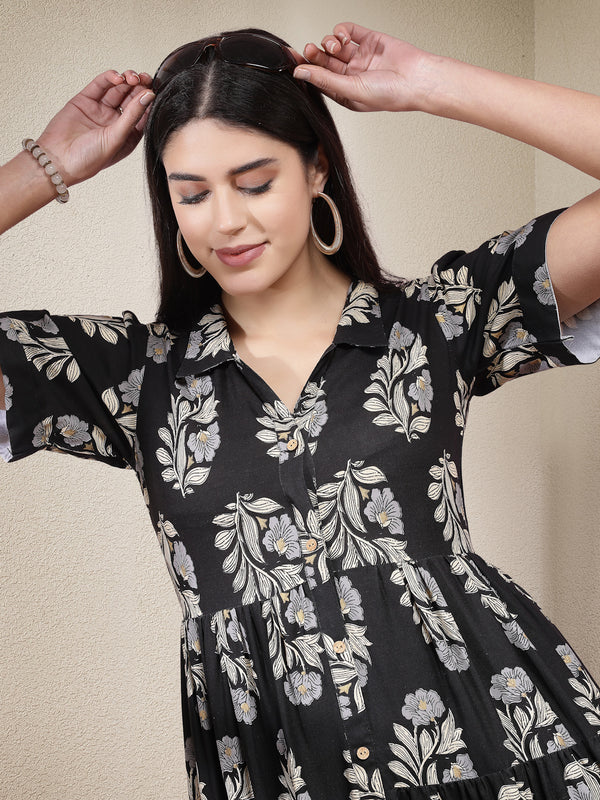 Stylum Women's Floral Printed Rayon Tiered Dress (DRSBLACKBASKET)
