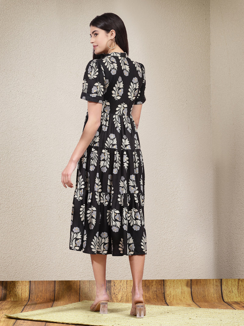 Stylum Women's Floral Printed Rayon Tiered Dress (DRSBLACKBASKET)