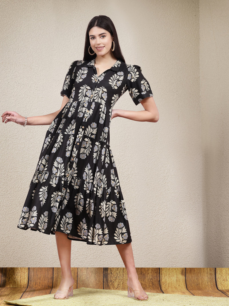 Stylum Women's Floral Printed Rayon Tiered Dress (DRSBLACKBASKET)