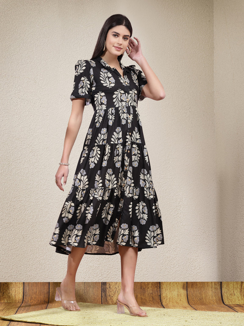 Stylum Women's Floral Printed Rayon Tiered Dress (DRSBLACKBASKET)