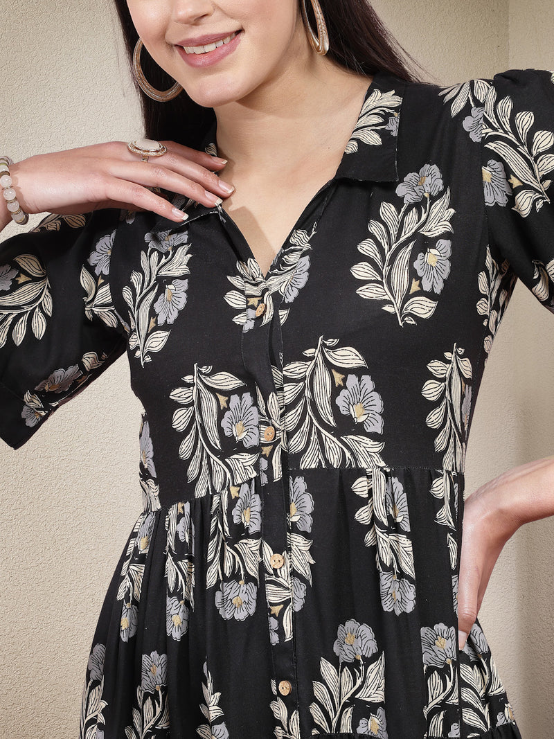 Stylum Women's Floral Printed Rayon Tiered Dress (DRSBLACKBASKET)