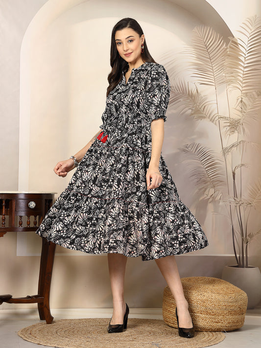 Stylum Women's Black Floral Printed Polyester Tiered Dress (DRSBLACKBURGER)