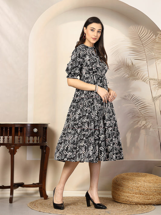 Stylum Women's Black Floral Printed Polyester Tiered Dress (DRSBLACKBURGER)