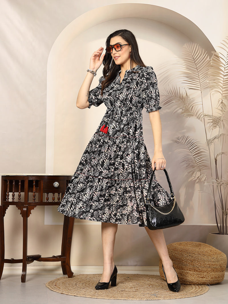 Stylum Women's Black Floral Printed Polyester Tiered Dress (DRSBLACKBURGER)
