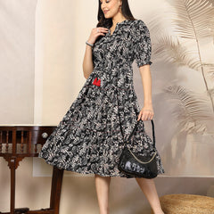 Stylum Women's Black Floral Printed Polyester Tiered Dress (DRSBLACKBURGER)