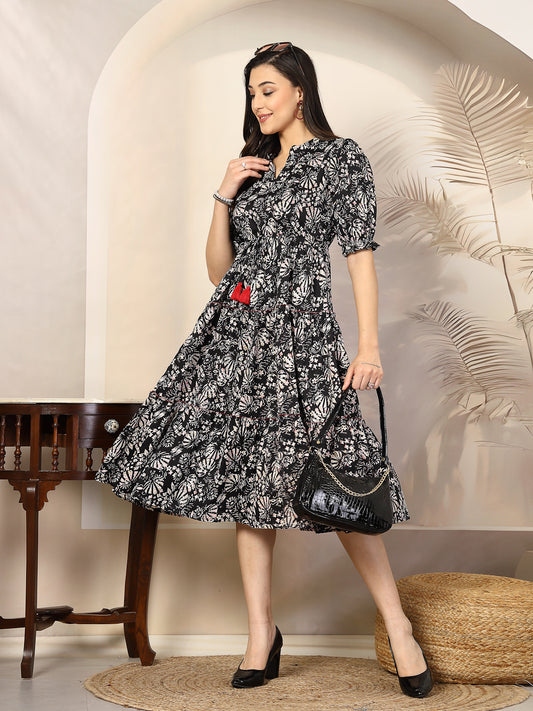 Stylum Women's Black Floral Printed Polyester Tiered Dress (DRSBLACKBURGER)