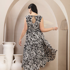 Stylum Women's Black Abstract Printed Poly Rayon Tiered Dress (DRSBLACKELARA)