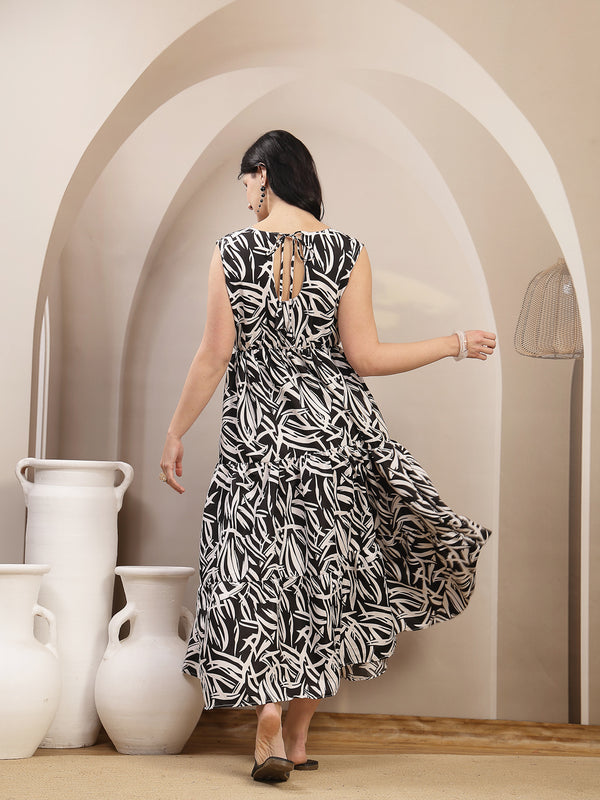 Stylum Women's Black Abstract Printed Poly Rayon Tiered Dress (DRSBLACKELARA)