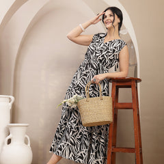 Stylum Women's Black Abstract Printed Poly Rayon Tiered Dress (DRSBLACKELARA)