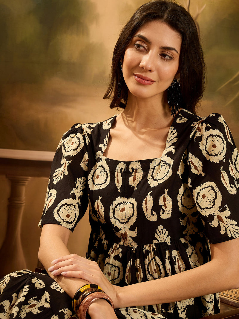 Stylum Women's Black Paisley Printed Cotton Tiered Dress (DRSBLACKESTEE)