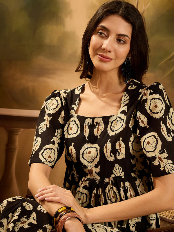 Stylum Women's Black Paisley Printed Cotton Tiered Dress (DRSBLACKESTEE)