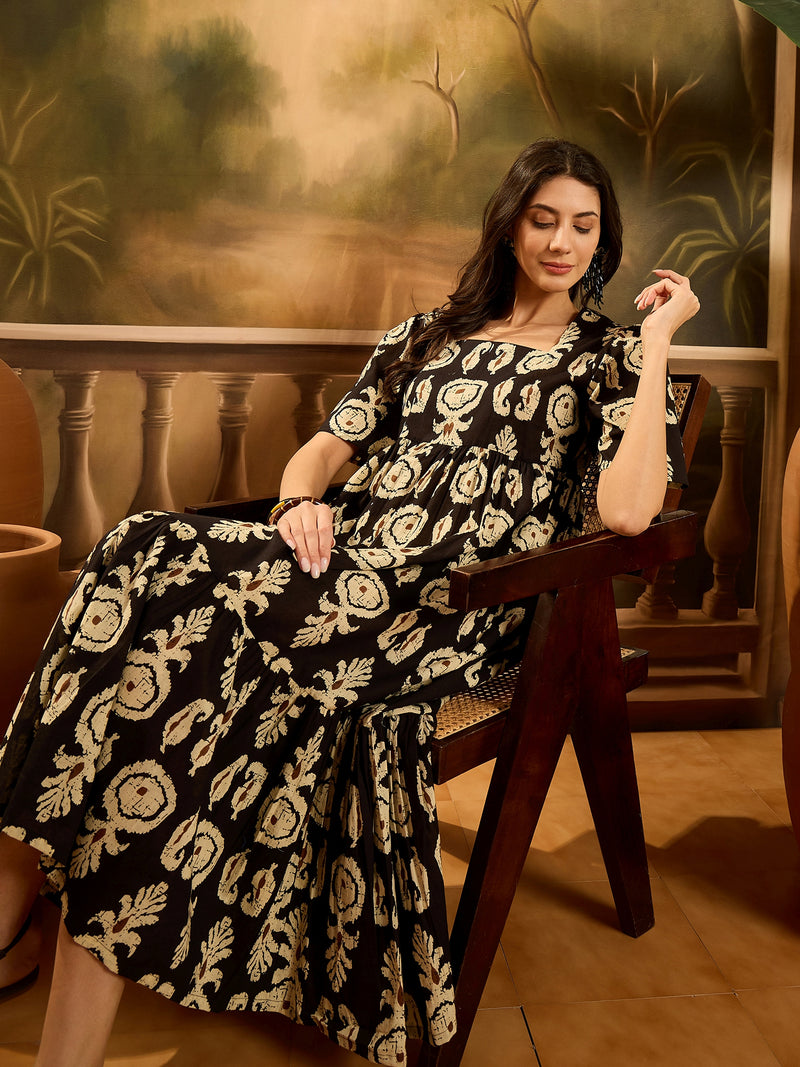 Stylum Women's Black Paisley Printed Cotton Tiered Dress (DRSBLACKESTEE)