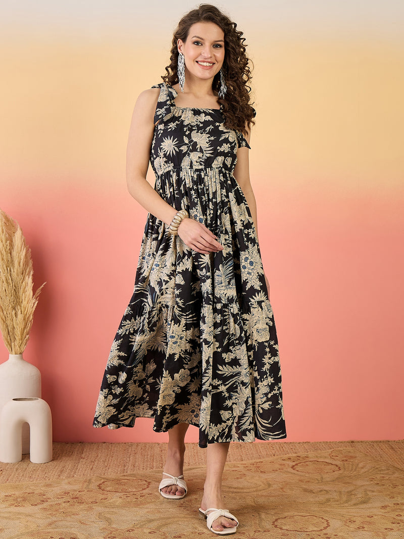 Stylum Women's Black Floral Printed Cotton Tiered Dress (DRSBLACKFENTY)