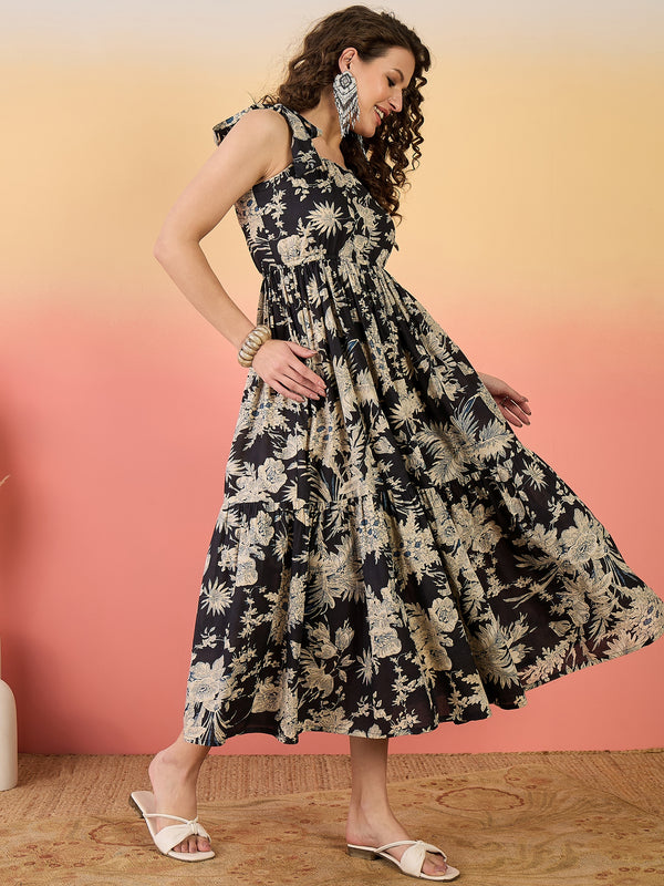 Stylum Women's Black Floral Printed Cotton Tiered Dress (DRSBLACKFENTY)