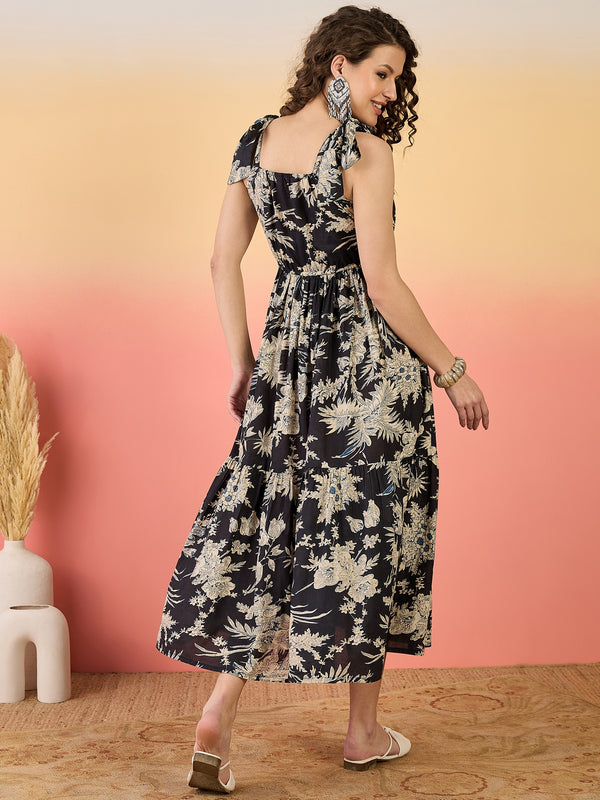 Stylum Women's Black Floral Printed Cotton Tiered Dress (DRSBLACKFENTY)