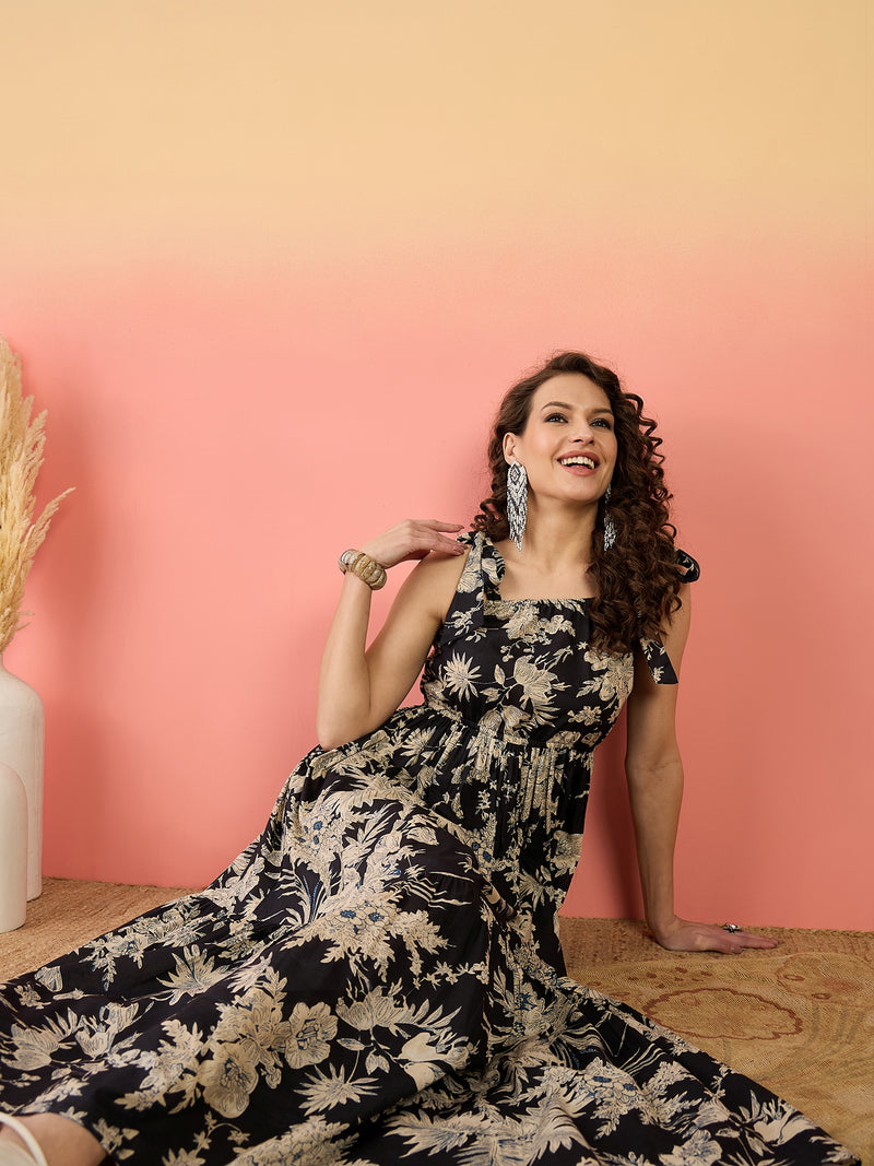 Stylum Women's Black Floral Printed Cotton Tiered Dress (DRSBLACKFENTY)