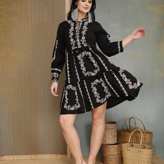 Stylum Women's Black Embroidered Cotton Flex Tiered Dress (DRSBLACKFIG)