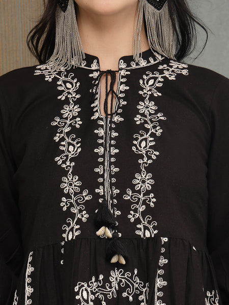 Stylum Women's Black Embroidered Cotton Flex Tiered Dress (DRSBLACKFIG)