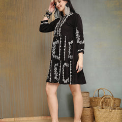 Stylum Women's Black Embroidered Cotton Flex Tiered Dress (DRSBLACKFIG)