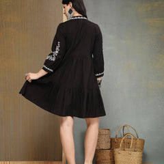 Stylum Women's Black Embroidered Cotton Flex Tiered Dress (DRSBLACKFIG)
