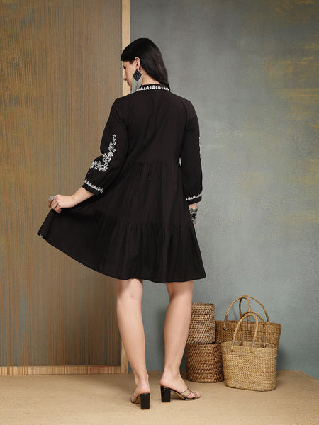 Stylum Women's Black Embroidered Cotton Flex Tiered Dress (DRSBLACKFIG)