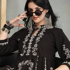 Stylum Women's Black Embroidered Cotton Flex Tiered Dress (DRSBLACKFIG)