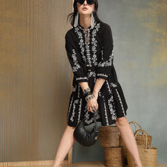 Stylum Women's Black Embroidered Cotton Flex Tiered Dress (DRSBLACKFIG)