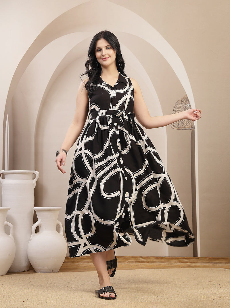Stylum Women's Black Abstract Printed Rayon Pleated Dress (DRSBLACKJASHN)