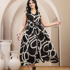 Stylum Women's Black Abstract Printed Rayon Pleated Dress (DRSBLACKJASHN)