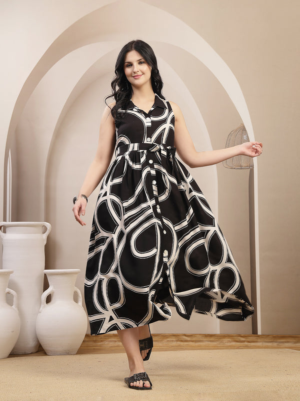 Stylum Women's Black Abstract Printed Rayon Pleated Dress (DRSBLACKJASHN)