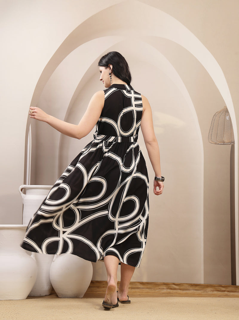Stylum Women's Black Abstract Printed Rayon Pleated Dress (DRSBLACKJASHN)