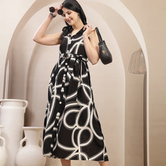 Stylum Women's Black Abstract Printed Rayon Pleated Dress (DRSBLACKJASHN)