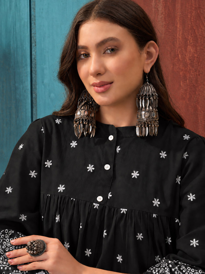 Stylum Women's Black Solid & Embroidered Cotton Empire Dress (DRSBLACKKALIKA)