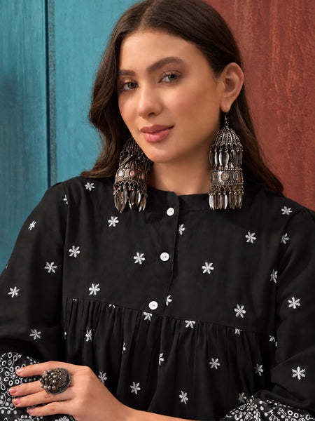 Stylum Women's Black Solid & Embroidered Cotton Empire Dress (DRSBLACKKALIKA)