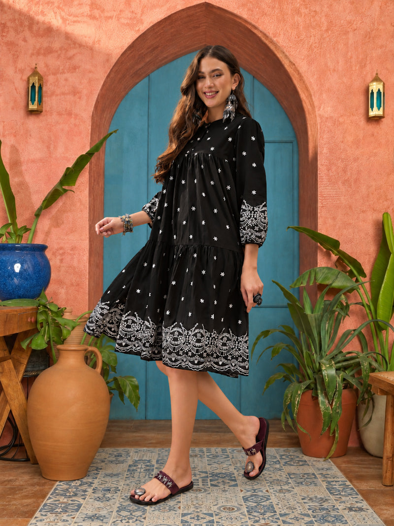 Stylum Women's Black Solid & Embroidered Cotton Empire Dress (DRSBLACKKALIKA)