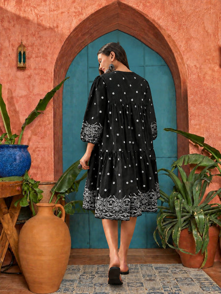 Stylum Women's Black Solid & Embroidered Cotton Empire Dress (DRSBLACKKALIKA)