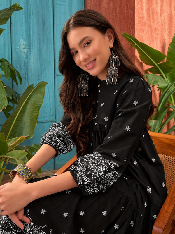 Stylum Women's Black Solid & Embroidered Cotton Empire Dress (DRSBLACKKALIKA)