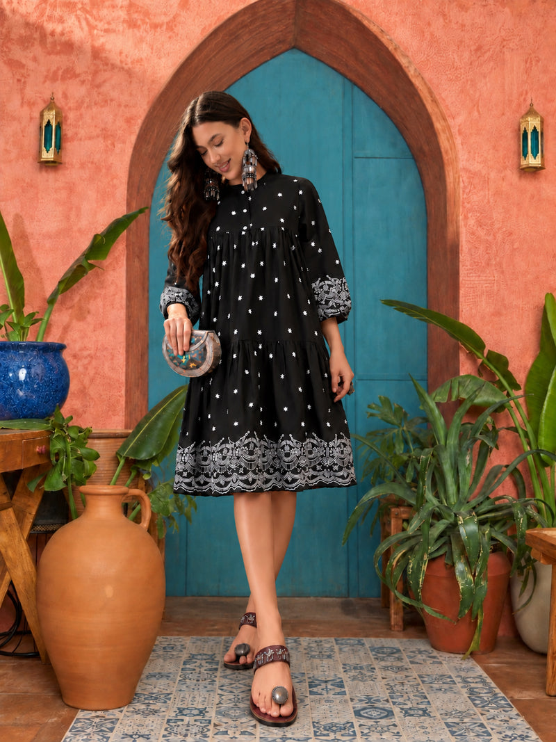 Stylum Women's Black Solid & Embroidered Cotton Empire Dress (DRSBLACKKALIKA)