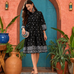 Stylum Women's Black Solid & Embroidered Cotton Empire Dress (DRSBLACKKALIKA)