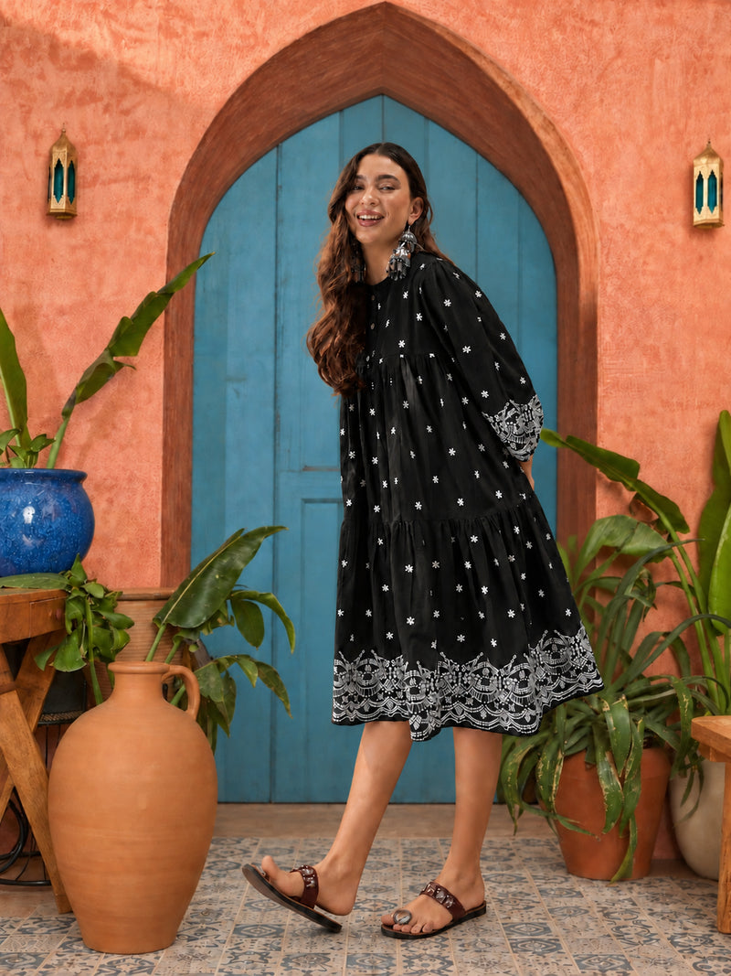 Stylum Women's Black Solid & Embroidered Cotton Empire Dress (DRSBLACKKALIKA)