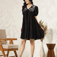 Stylum Women's Black Solid & Embroidered Rayon Flared Dress (DRSBLACKLIMBO)