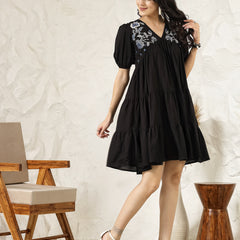 Stylum Women's Black Solid & Embroidered Rayon Flared Dress (DRSBLACKLIMBO)