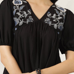 Stylum Women's Black Solid & Embroidered Rayon Flared Dress (DRSBLACKLIMBO)